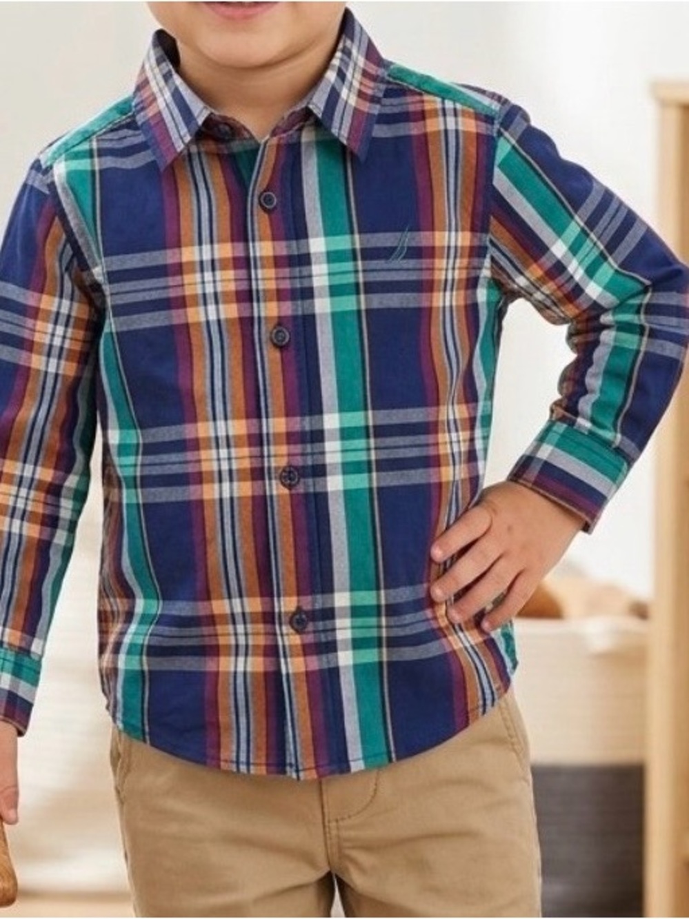 Nautica toddler multicolor plaid button-up shirt with a classic pointed collar